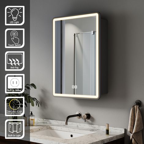 ELEGANT Bathroom LED Mirror Wall Bathroom Mirror Cabinet with Shaver Socket, Bright Adjustment and 3 Lights Changing Modes 450x600mm, Black