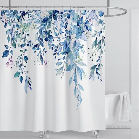 Filiyano-Rideau de douche en eucalyptus vert émeraude, motif de feuilles entrelacées et fleurs, avec crochets, L 150 x H 180 cm