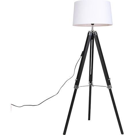 Stehlampe schwarz mit weißem Leinenschirm 45 cm - Tripod (1/4)