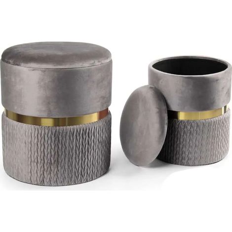 Set 2 pouf contenitore in velluto grigio/oro Ø38x44 e Ø31x38 cm