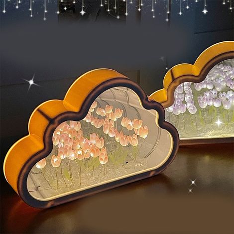 Veilleuse miroir nuage tulipe, 20 fleurs roses, en plastique, piles intégrées, lampe tulipe miroir nuage à monter soi-même, cadeau d'anniversaire ou de Saint-Valentin (1/5)