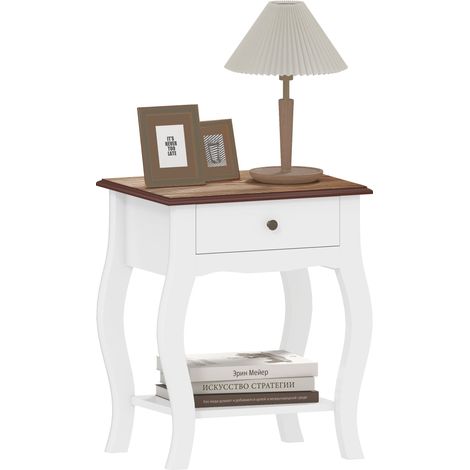 Comodino in Stile Francese con Cassetto 45x35x55 cm in MDF Bianco e Rovere (1/5)