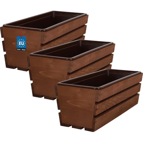 KOTARBAU® Lot de 3 Jardiniere Extérieur - Bac à Fleurs - avec Insert Plastique - Jardiniere Rectangulaire - 40x18x15 cm - pour Terrasse - Jardin - Décoration Extérieure - Marron (1/4)
