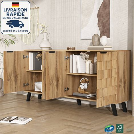 Buffet design moderne 160,5 x 35,5 x 78 cm avec 4 portes et 2 étagères de rangement, naturel (1/5)