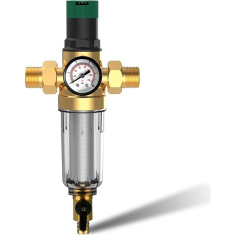 Water Filter with Pressure Reducer and Pressure Gauge, Water Filter Household Fitting 3/4 Reusable Pressure Reducer Pre-Filter Sediment Filter Brass Water Pressure Reducer (1/5)