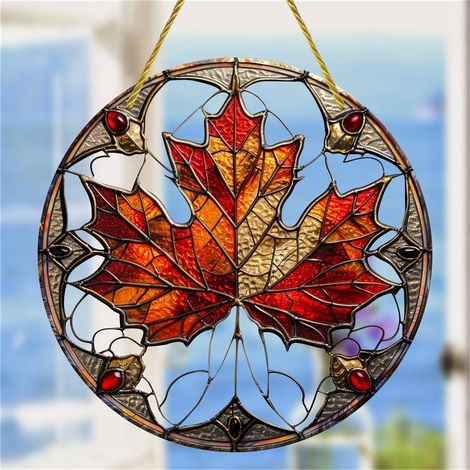 Pendentif Vitrail Feuille D'érable - Décoration Fenêtre Automne - Accroche Solaire pour Intérieur Bureau Maison - 1 Pièce (1/5)