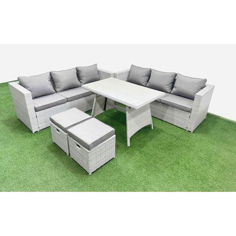 Fimous Rattan Garden Furniture Dining Set 8-seater Patio Rectangular Table 3 Seater Sofa Set with 2 Small Stools Light Grey (1/4)