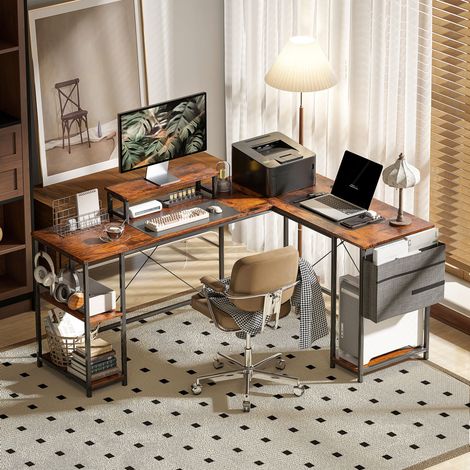 Bureau d'angle en L 168 x 120 cm avec étagères de rangement, marron rustique HAVRYA (1/5)