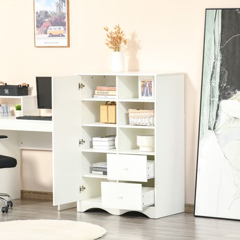 Kleiderschrank mit Tür, 5 Einlegeböden, 3 Nischen und 2 Schubladen, weißes Aufbewahrungsmöbel für Schlafzimmer, Wohnzimmer oder Büro