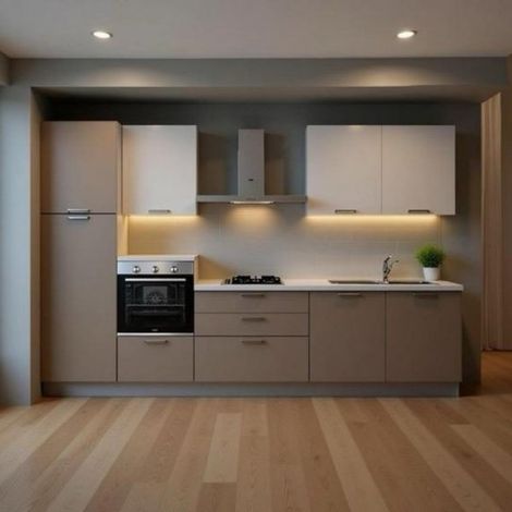 Cucina lineare Luna ml.330 con colonna sinistra e base tortora e pensili bianchi
