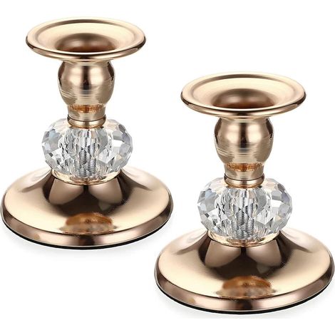 Kerzenhalter aus Metall und Kristall, 2 Stück, Tischdekoration für Abendessen bei Kerzenschein, Hochzeiten, Geburtstage (Gold)