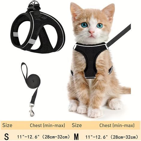 Arnés y correa para gatos para pasear, a prueba de escapes, ajustable, reflectante, arnés para cachorros hecho de tela de malla suave, arnés para cachorros, ajuste cómodo, fácil de controlar (negro, S (1/5)