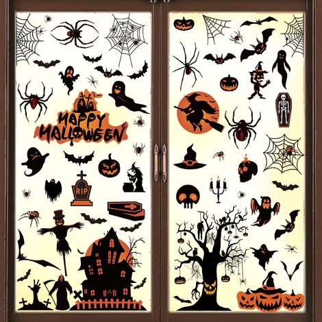 Halloween-Fensteraufkleber, Halloween-Fensterdeko, Aufkleber, Halloween-Dekorationen, geeignet zur Dekoration Ihres Zuhauses für eine Halloween-Party (mehrere Designs werden nach dem Zufallsprinzip ve (1/3)