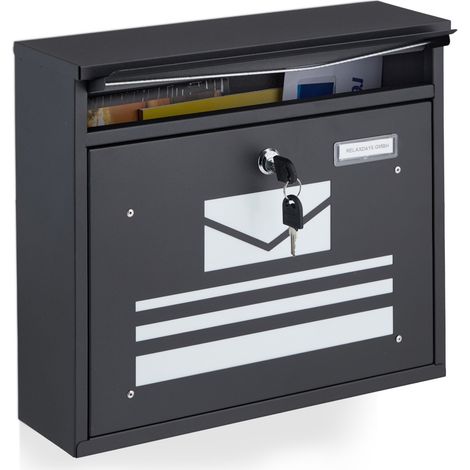 Relaxdays Briefkasten, Briefmotiv, abschließbare Postbox, HxBxT: 31 x 36 x 11 cm, pulverbeschichteter Stahl, schwarz