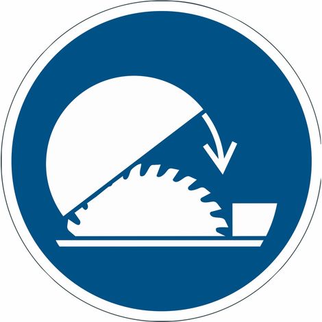 Cartelli di obbligo ISO 7010 "Usare la protezione regolabile della sega circolare da banco" - M031 - Misura: 100mm x 100mm - Numero Pezzi: 10 pezzi (1/2)