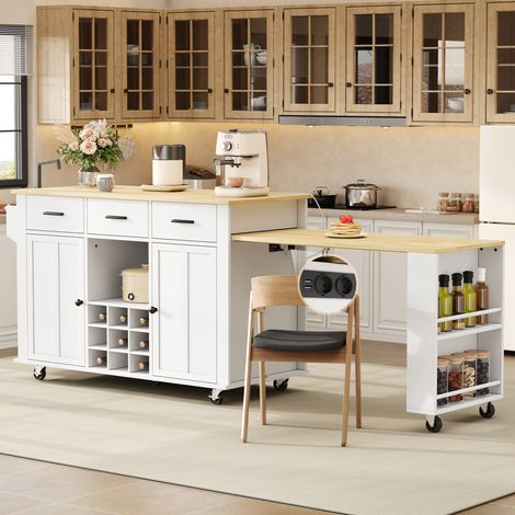 Isla de cocina (136(223)x50x93 cm), encimera extensible, almacenaje con 3 cajones, MDF, natural y blanco (1/5)