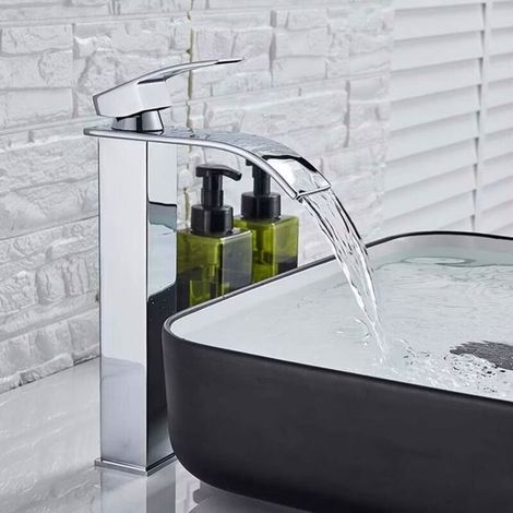 Grifo de baño moderno tipo cascada, mezclador de lavabo cromado, diseño de cuerpo metálico duradero superior, agua caliente y fría ajustable (1/5)