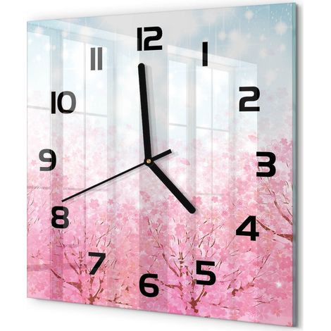 Horloge Murale Carrée Décoration Cuisine en Verre Trempé Silencieuse Moderne Fleurs de cerisier 30x30 cm (1/5)