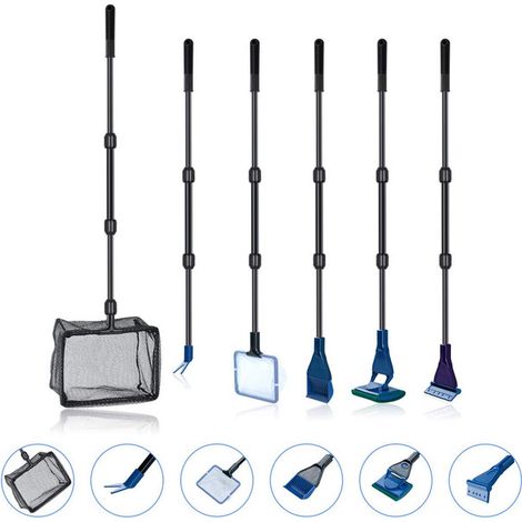 Kit de nettoyage pour aquarium 6 en 1 avec manche télescopique épuisette brosse grattoir à algues râteau à gravier et pince à plantes
