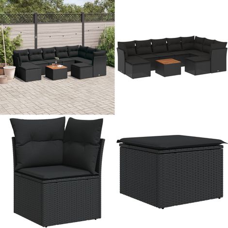 Salon de jardin 10 pcs avec coussins noir résine tressée - Salon De Jardin - Mobilier Extérieur - Set Salon De Jardin - Résine Tressée - Rotin Synthétique - Home & Living (1/5)