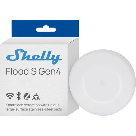 SHELLY FLOOD S GEN4 - DÉTECTEUR DE FUITE D'EAU, WI-FI 6, ZIGBEE 3.0, MATTER ET BLUETOOTH, PLAQUETTES INOX INTÉGRÉES, 3 MODES D'A