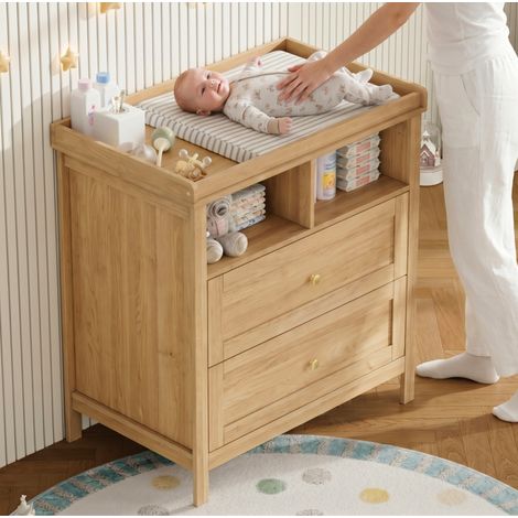 Fasciatoio multifunzione 82x50x90 cm con bordo removibile, 2 cassetti e contenitore, MDF effetto legno naturale (1/5)