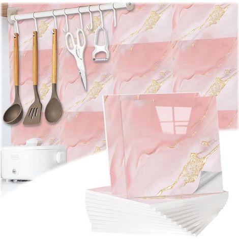 Lot de 12 autocollants pour carrelage mural 3D Aspect marbre 30 x 30 cm Imperméable et anti saleté 4 couleurs Pour salle de bain, cuisine, salon Rose (1/5)