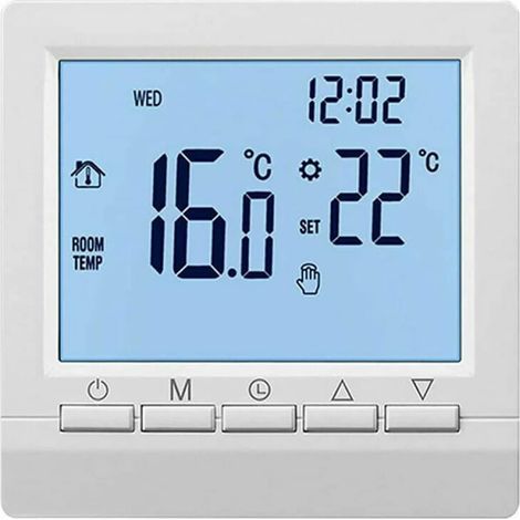 Digital thermostat, LCD touchscreen, 7-day programmable, integrated floor sensor, for electric heating in home or office (1/5)