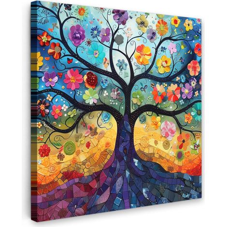 TABLEAU SUR TOILE Art - Arbre de vie - Fleurs - Hippie Tableau Chambre Adulte 90x90 cm