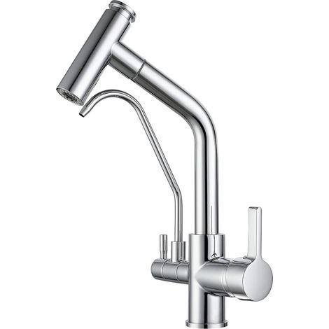 Grifo mezclador de cocina S-giant de 3 vías con rociador extraíble y 2 caños, giratorio 360°, de latón, compatible con fregaderos de cocina para agua potable (cromado). (1/5)