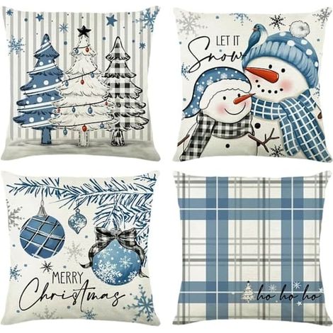 Housses de coussin de Noël 45x45 cm, lot de 4, motif bonhomme de neige et sapin de Noël, à carreaux. (1/4)