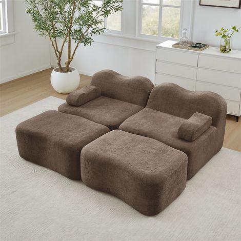 Canapé Modulaire 2 Places avec 2 Ottomans - 192x167x70cm - Mousse 32D Haute Densité et Design Ondulé en Velours - Marron (1/5)