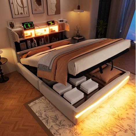 Letto imbottito in lino beige 140x200 cm con contenitore idraulico, LED, prese USB/Type-C e testiera con vano (1/5)