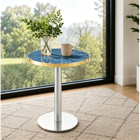 Tavolino rotondo 60 cm, piano effetto marmo blu, bordo dorato, struttura in metallo DESVIAE (1/5)