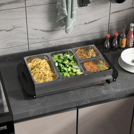 Chauffe-Plats Électrique en Acier Inoxydable 300W avec Capacité 2 x 2.4L et 2 x 1L, Plaque Chauffante et Température Réglable, Idéal pour Buffets ou Réceptions (1/5)
