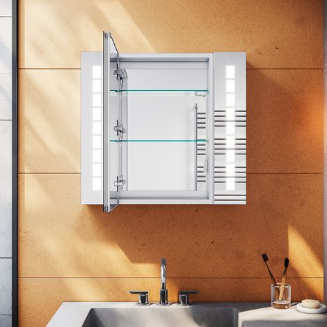 SIRHONA Armadio a specchio in alluminio LED con illuminazione 50 cm con presa a sfioramento Specchio da bagno antiappannamento design a cerniera senza fili (1/5)