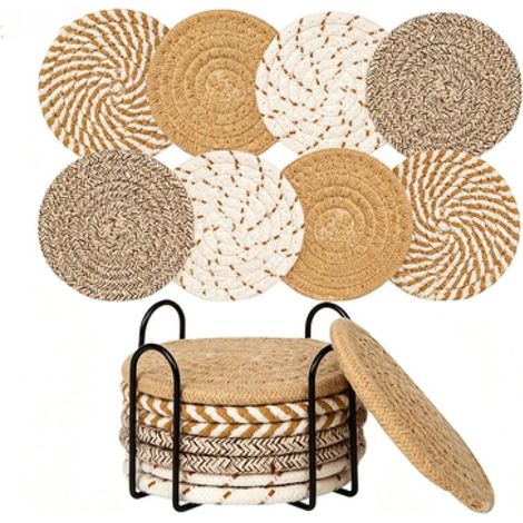 Juego de 8 posavasos absorbentes con base, de algodón, que miden 11 x 11 x 7,3 cm, en color marrón y gris. (1/5)