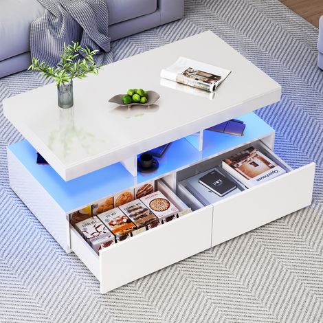 FOERPL-Tavolino da caffè moderno con illuminazione a LED, tavolo da soggiorno lucido con 2 cassetti e ripiano aperto, tavolo centrale rettangolare con 3 vani portaoggetti, piano lucido
