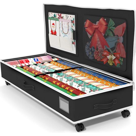 Boîte de rangement pour papier cadeau à roulettes, en tissu Oxford noir, pliable, 80 L, idéale pour les cadeaux de Noël (106 x 36 x 14 cm). (1/5)