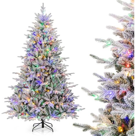COSTWAY Albero di Natale Artificiale Innevato 147/186/218 CM, Albero di Natale con Cerniera e 8 Modalità luminose, 160/260/350 Luci LED Multicolori e 436/820 /1164 Punte di Ramo in PVC e PE (218 CM) (1/5)