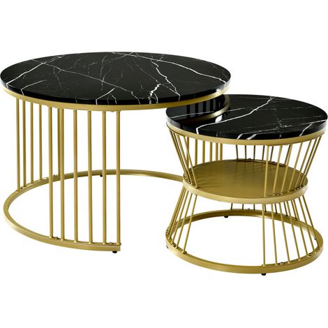 Ensemble de table basse ronde – Table de salon avec plateau imitation marbre et structure en métal doré, pour chambre ou salon, noir (1/5)