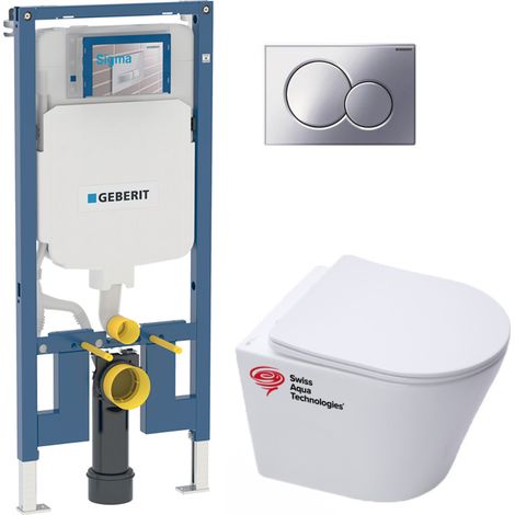 Pack WC Bati-support Geberit extra-plat + WC Swiss Aqua Technologies sans bride + plaque (1/5)
