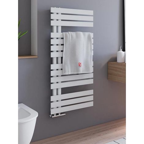 Schulte Badheizkörper Breda, flacher Designheizkörper mit seitlich versetztem Mittelanschluss, Stahl pulverbeschichtet in Pearl Weiß, 106 x 50 cm (1/5)