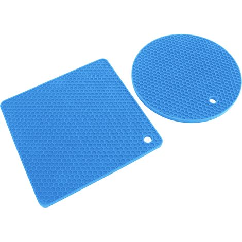Lot de 5 dessous de plat universels en silicone alvéolé (2 ronds et 3 carrés), bleus. (1/5)