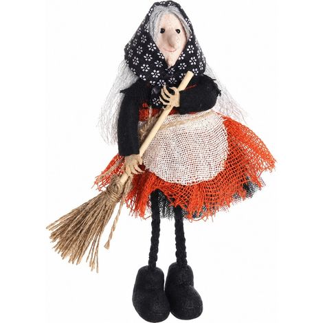 Décoration d'arbre de Noël sorcière d'Halloween, sorcière avec balai et tablier, pendentif poupée en tissu orange (1/5)