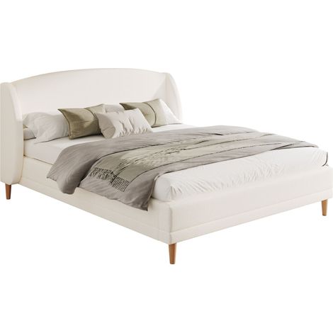 Polsterbett 140 x 190 cm aus Bouclé-Stoff, Doppelbett mit Ohrenkopfteil, ohne Matratze, Weiß (1/5)