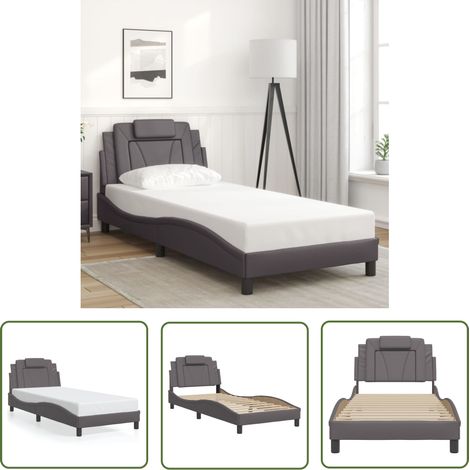 The Living Store Cadre de lit sans matelas gris 90x200 cm similicuir - Lit Plateforme - Lit Double - Cadre De Lit Design - Lit Capitonné - Literie (1/5)