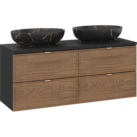 Ensemble de salle de bain SAVIA : meubles sous vasque 120cm + 2 vasques à poser noires effet marbre