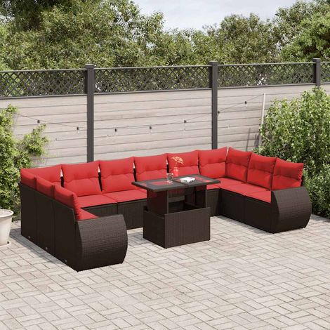 Salon de jardin 11 pièces marron en résine tressée, coussins rouges et table réglable - PANGIVO (1/5)