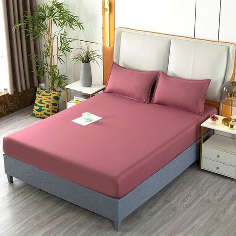 Housse de Matelas 150x200 cm en Coton Lavé, Drap-Housse avec Élastique pour Matelas Fin, Housse de Protection de Couleur Unie Rose Poudré (1/2)